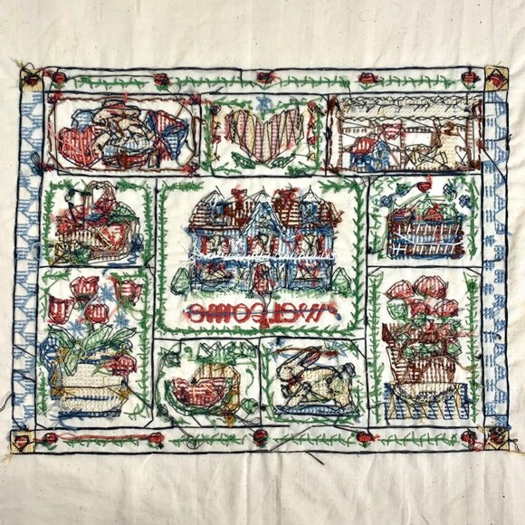 VTG Welcome Cross-Stitch Embroidered Wall Hanging Art Country Complete House - Picture 4 of 4